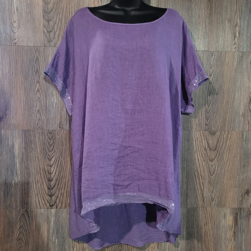 Cut Loose Kaftan Tunic Oversize M Lilac Purple Sequin Trim Linen Blend Lagen Art